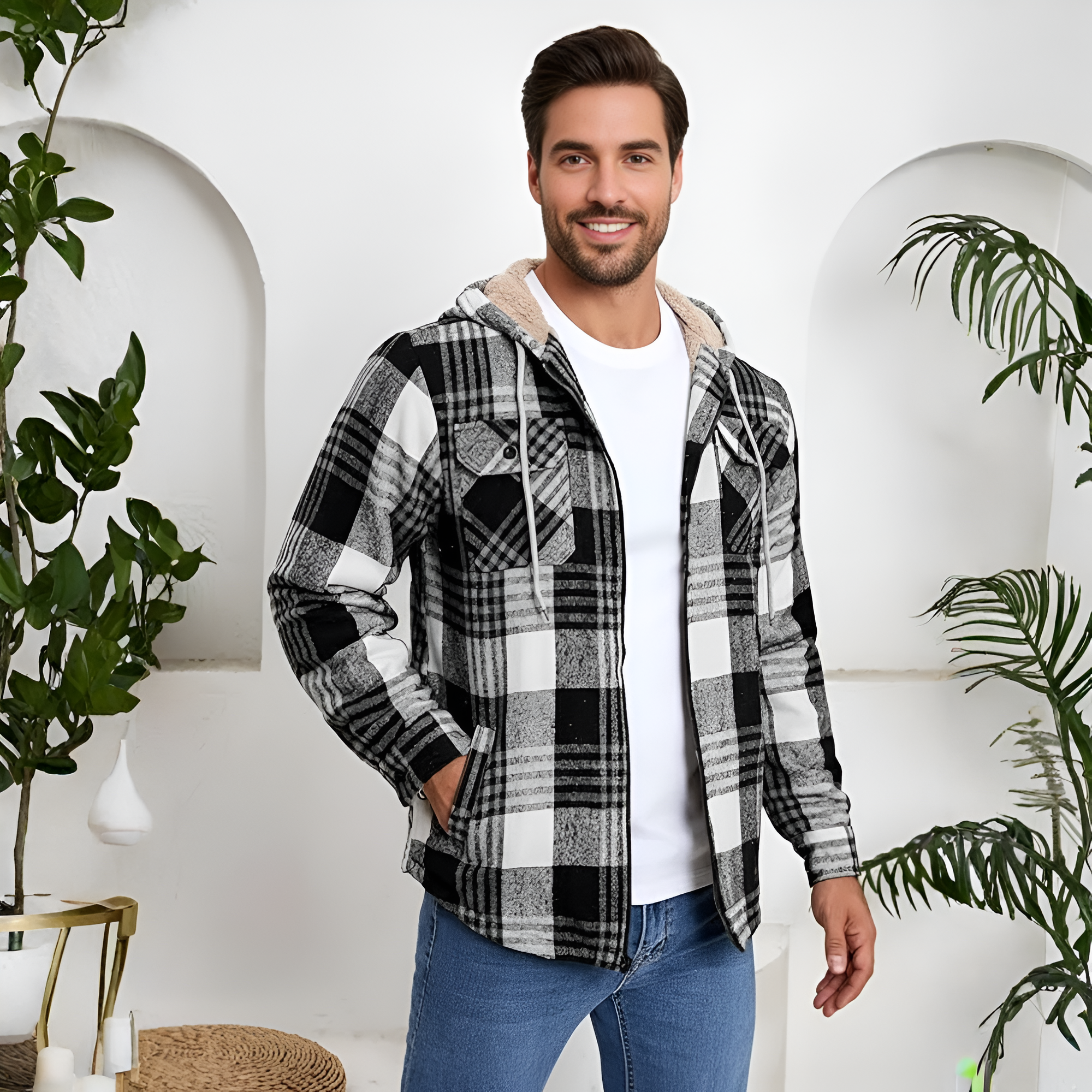 Men's Zip Up Flannel Shirt Jacket Fleece Lined Long Sleeve Plaid Coat Heavyweight Hoodie with Hood