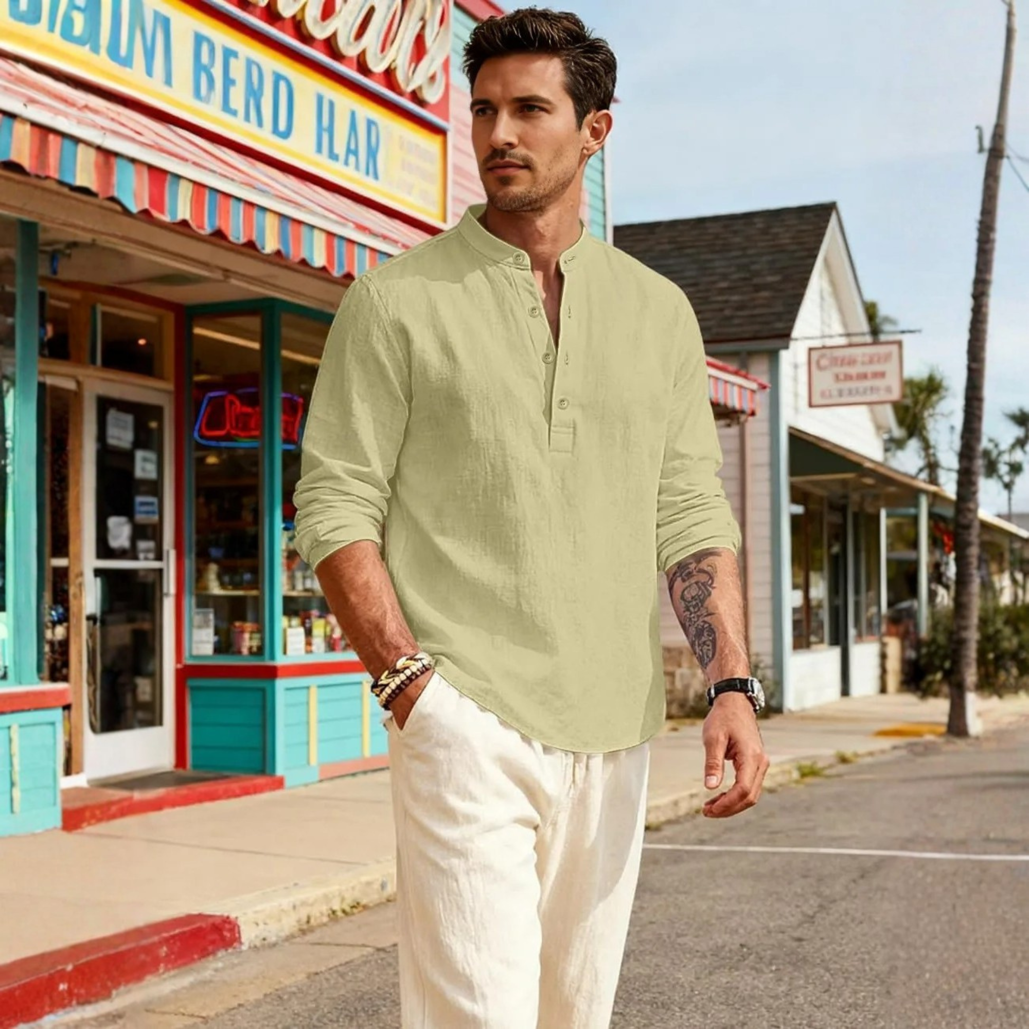 Linen Henley Long Sleeve Casual Beach Shirts