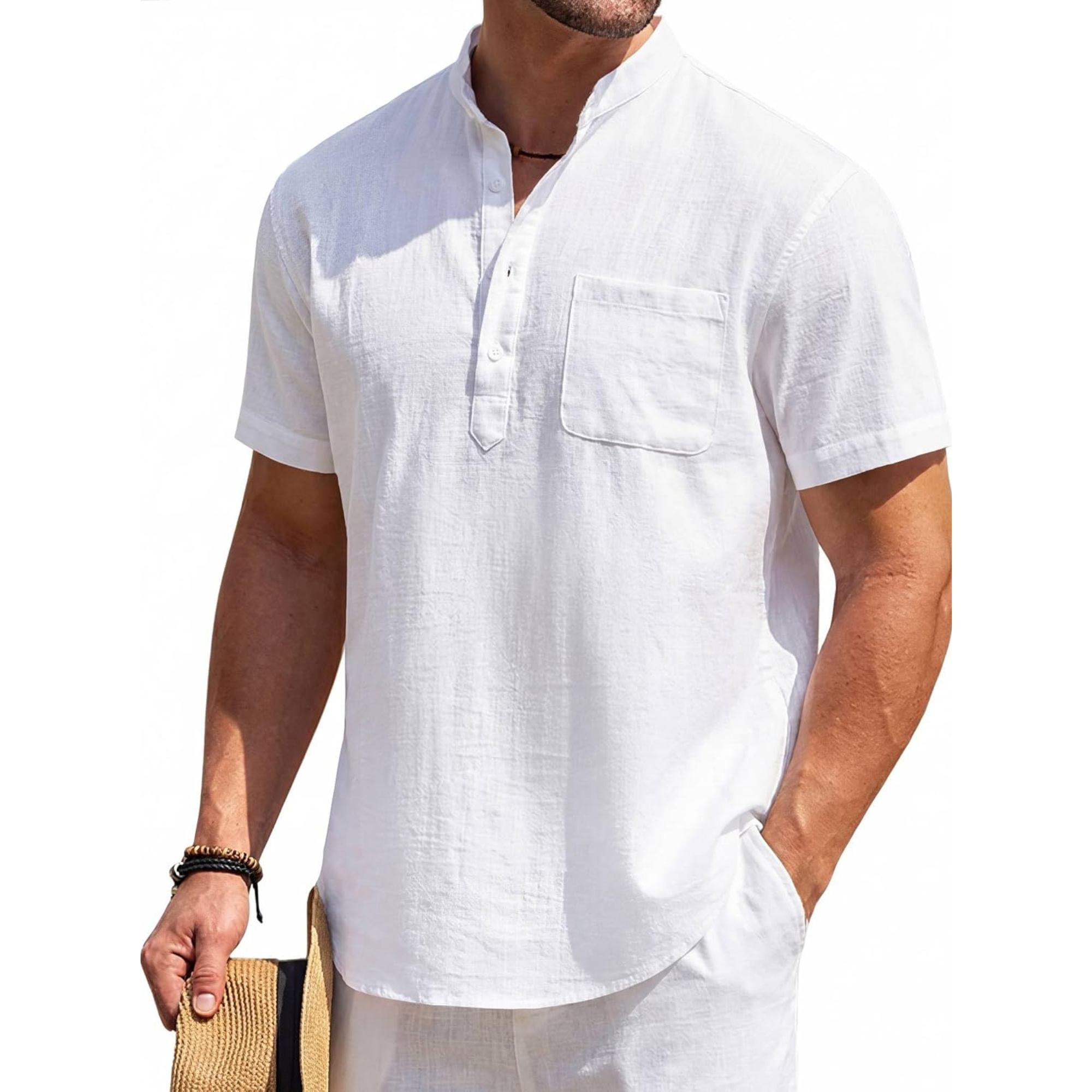 Casual Linen Henley Beach Shirt With Pocket