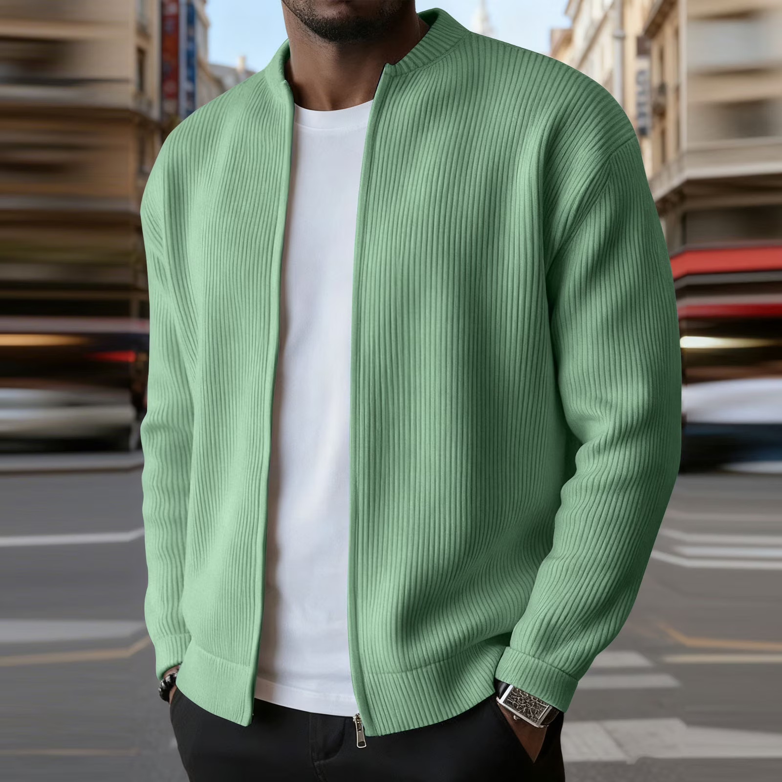 Casual Ribbed Zip Cotton Bomber Jacket for Men