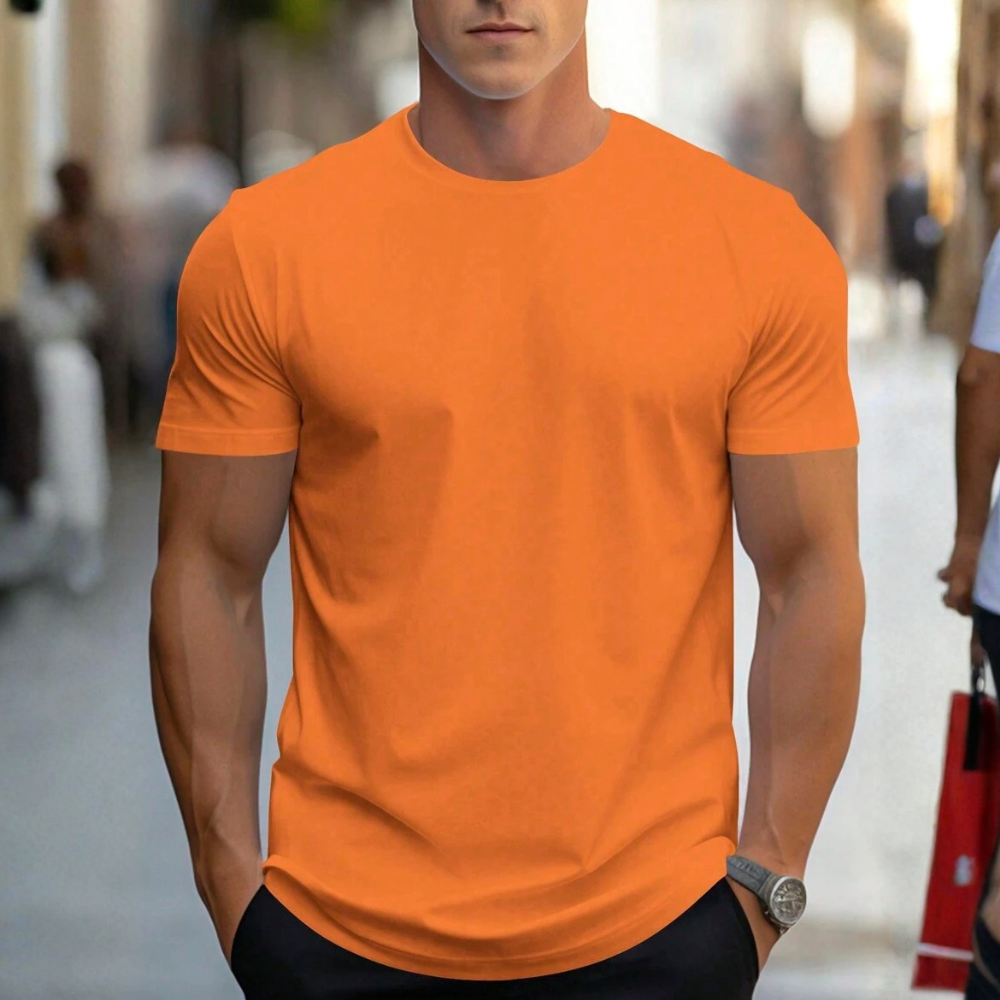 Solid Round Short Sleeve T Shirt For Men