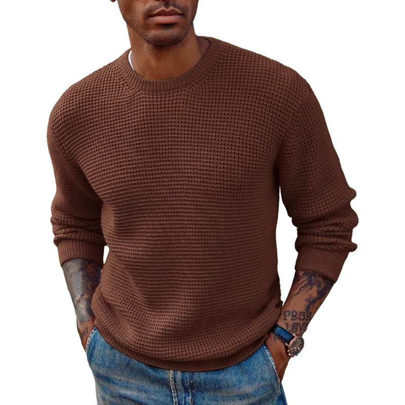 Mens Pullover Sweater Waffle Textured Long Sleeve Knitted Sweaters