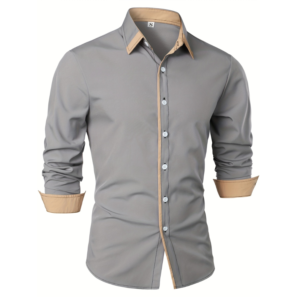 Casual Long Sleeve Shirt With Contrast Color Statement Trim For Men