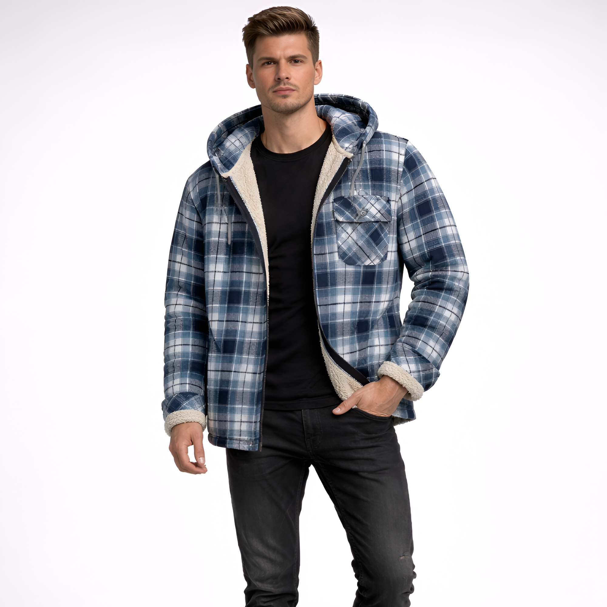 Plaid Fleece Lined Full Zip Flannel Jacket With Hood For Men