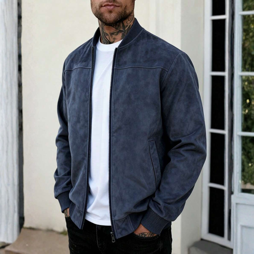 Suede Bomber Jacket With Full Zip Stand Collar For Men