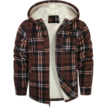 Men Plaid Flannel Jacket With Sherpa Lining And Winter Zip Up Hoodie Coat
