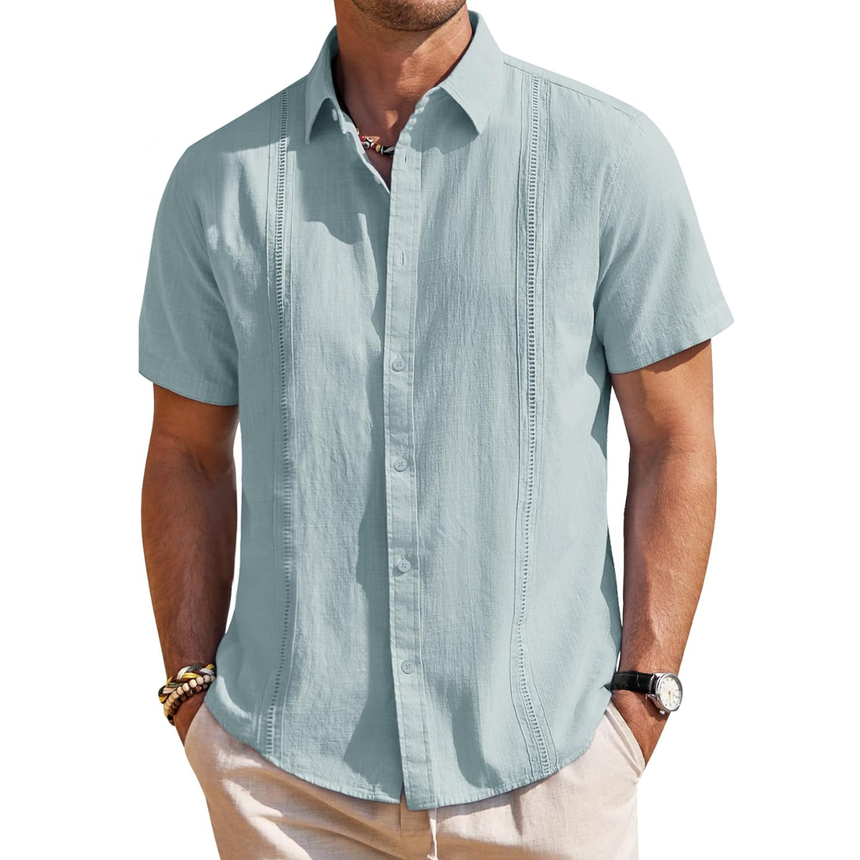 Short Sleeve Linen Cuban Collar Shirt For Men