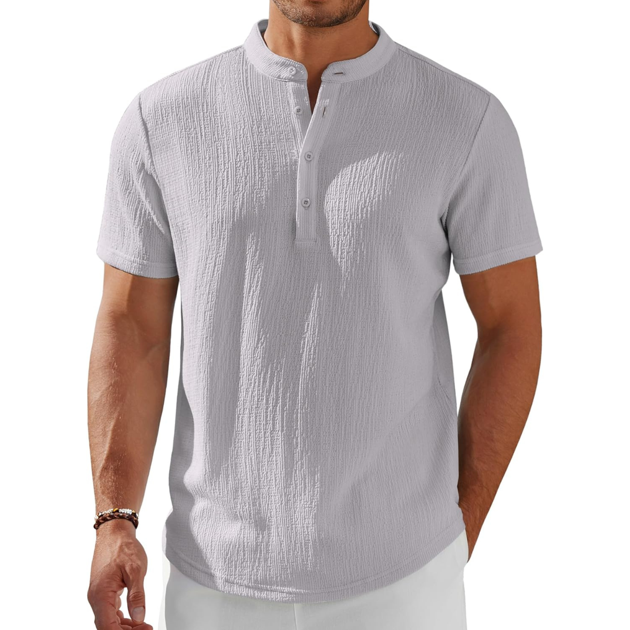 Short Sleeve Stand Collar Casual Beach Shirt For Men