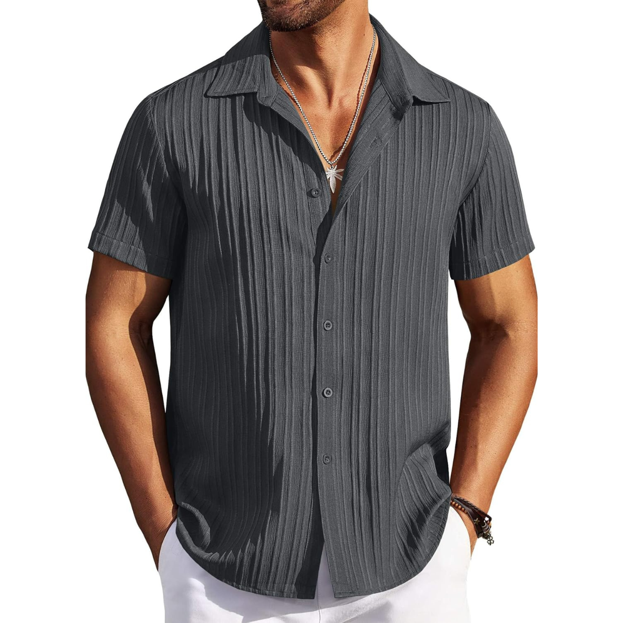 Casual Short Sleeve Textured Button Down Summer Beach Shirt For Men 