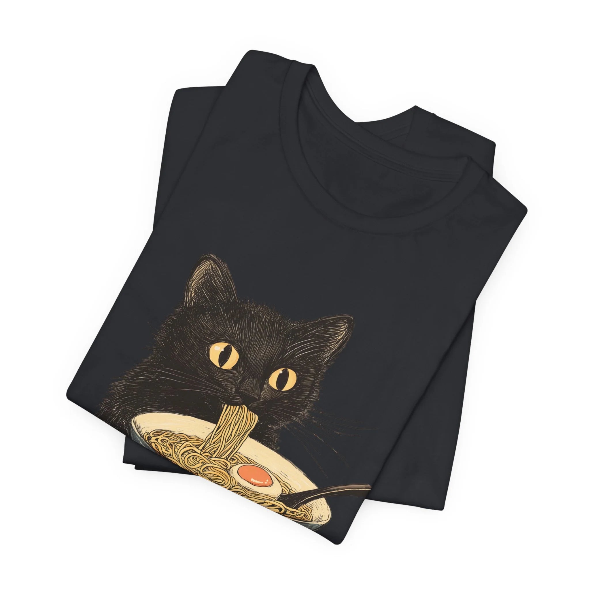 Cat Eating Bowl Of Ramen Noodles Printed T Shirt