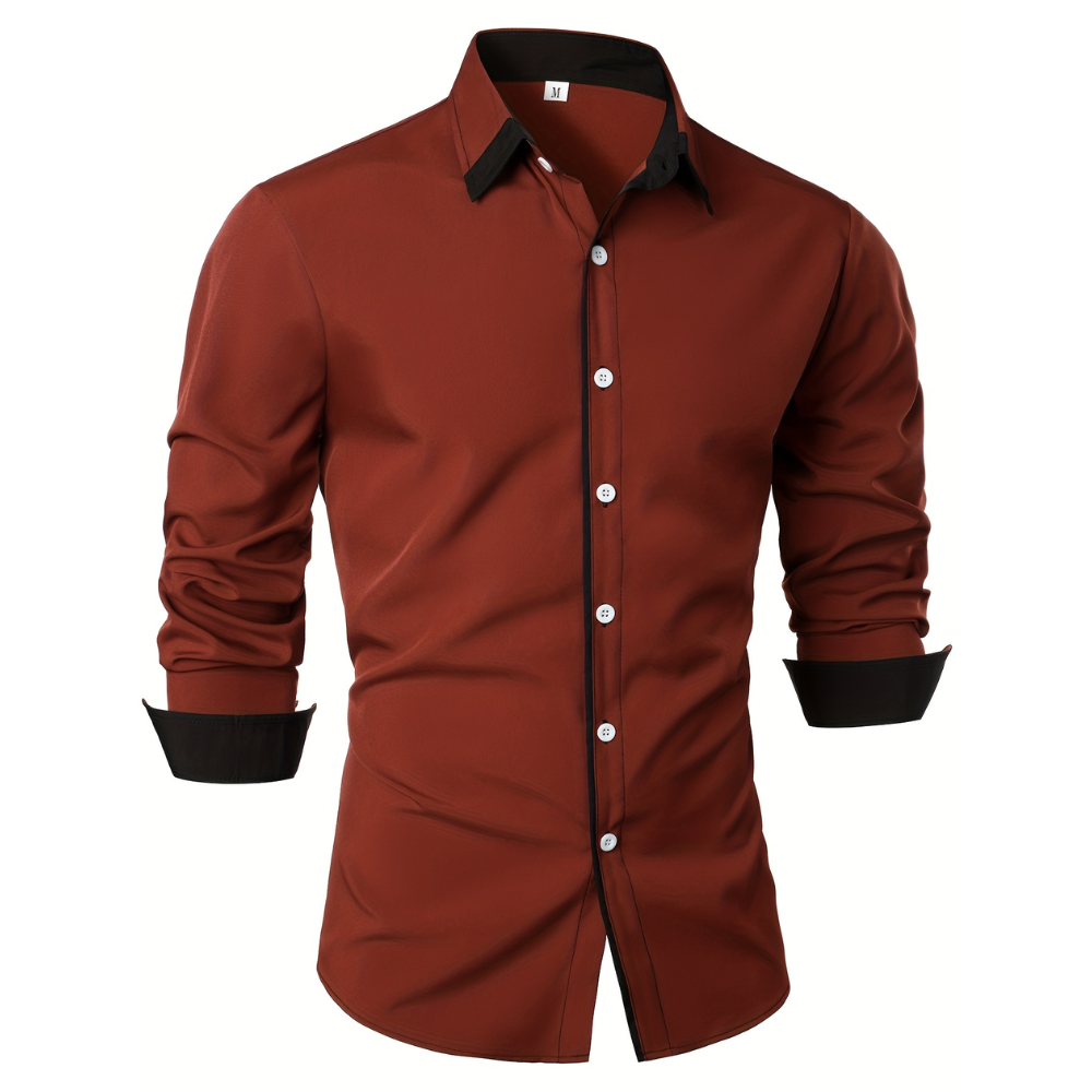 Casual Long Sleeve Shirt With Contrast Color Statement Trim For Men
