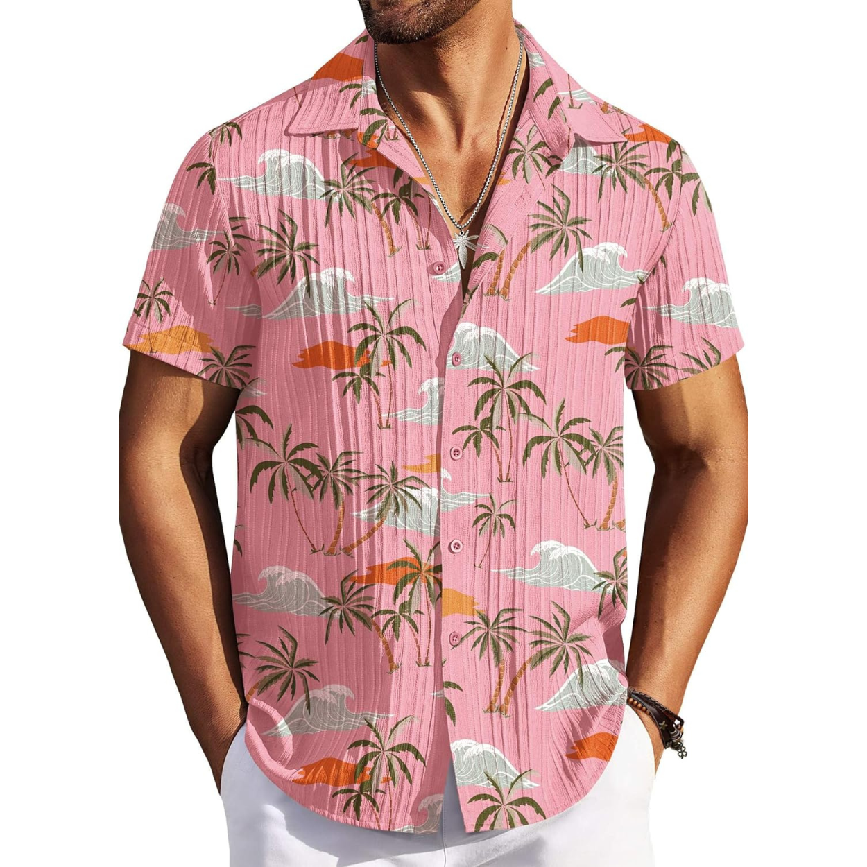 Casual Short Sleeve Textured Button Down Summer Beach Shirt For Men 