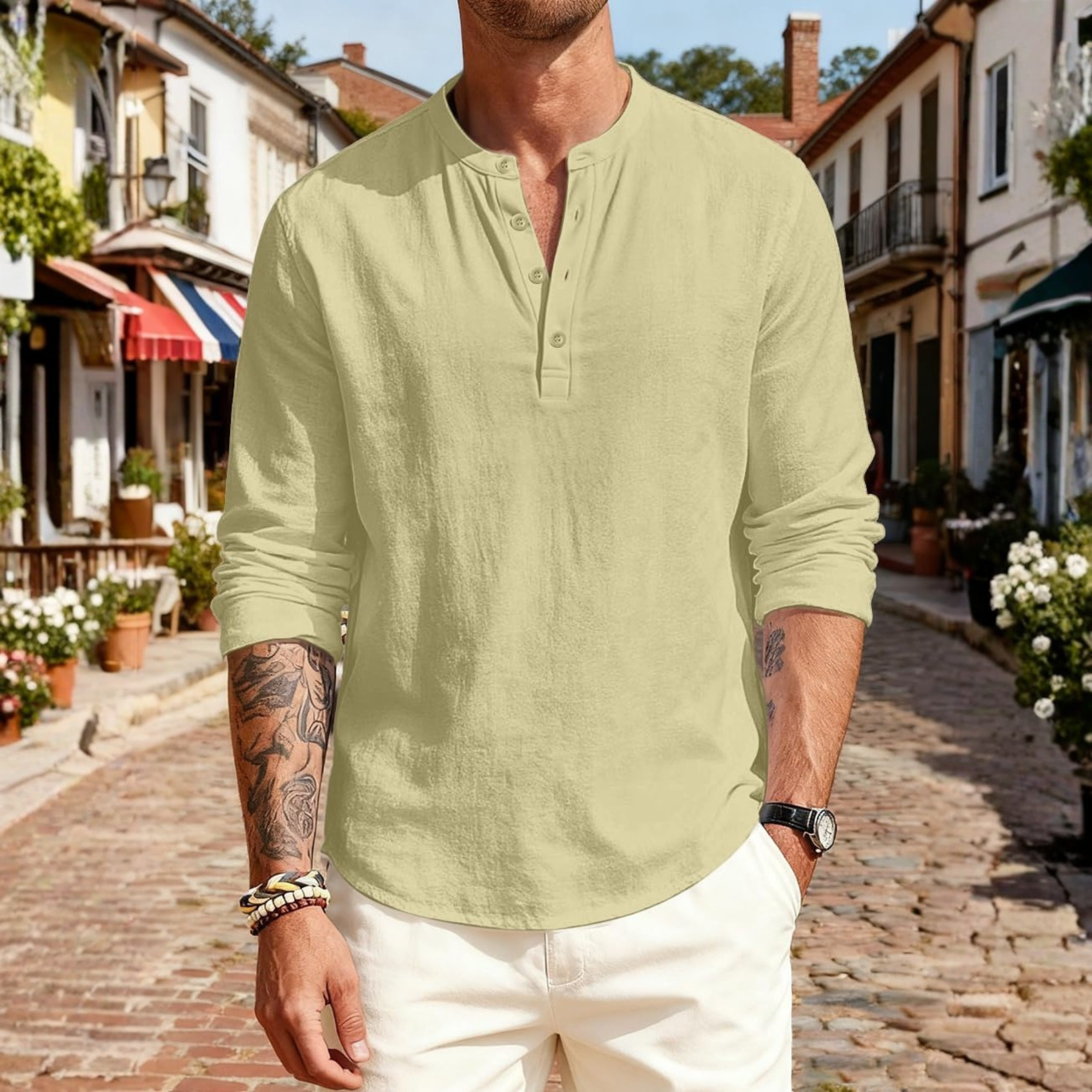 Linen Henley Long Sleeve Casual Beach Shirts