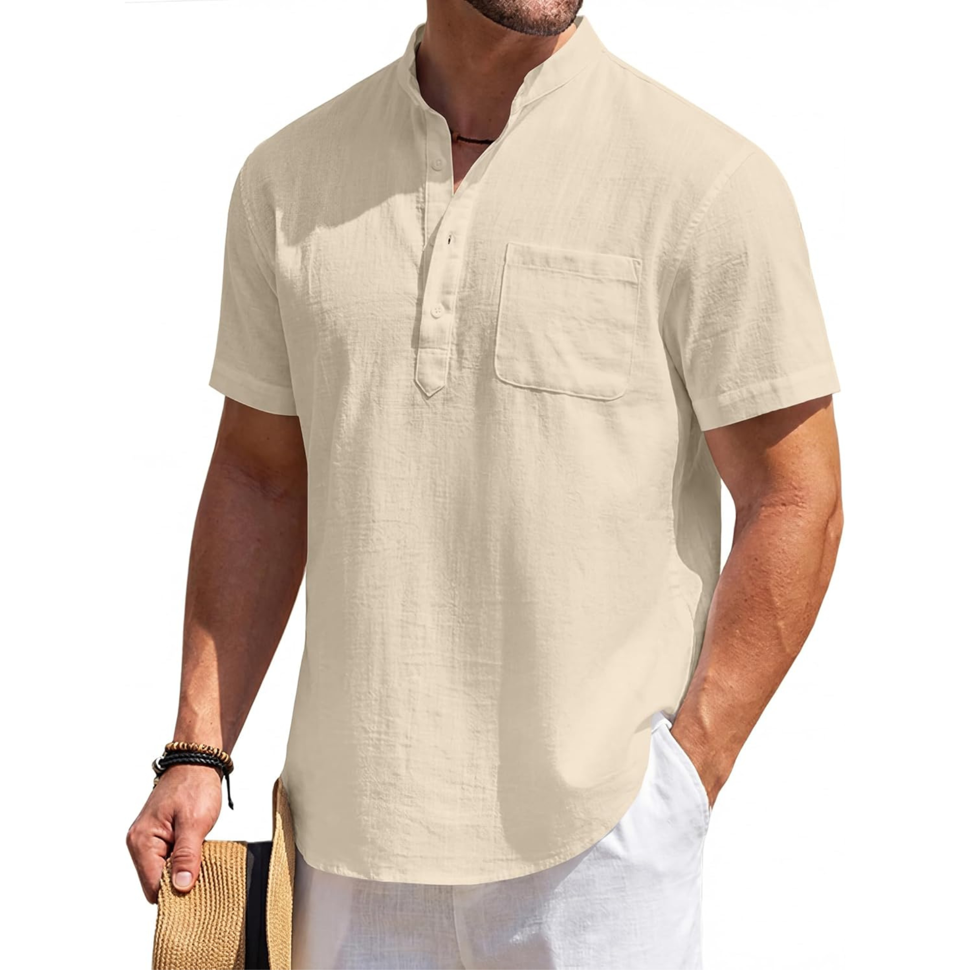 Casual Linen Henley Beach Shirt With Pocket