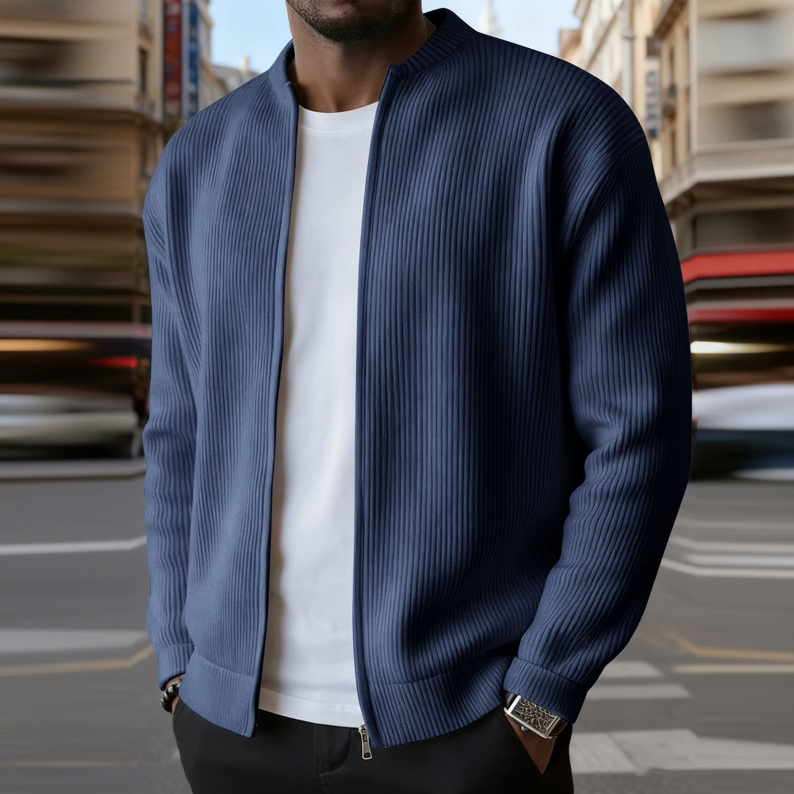 Casual Ribbed Zip Cotton Bomber Jacket for Men