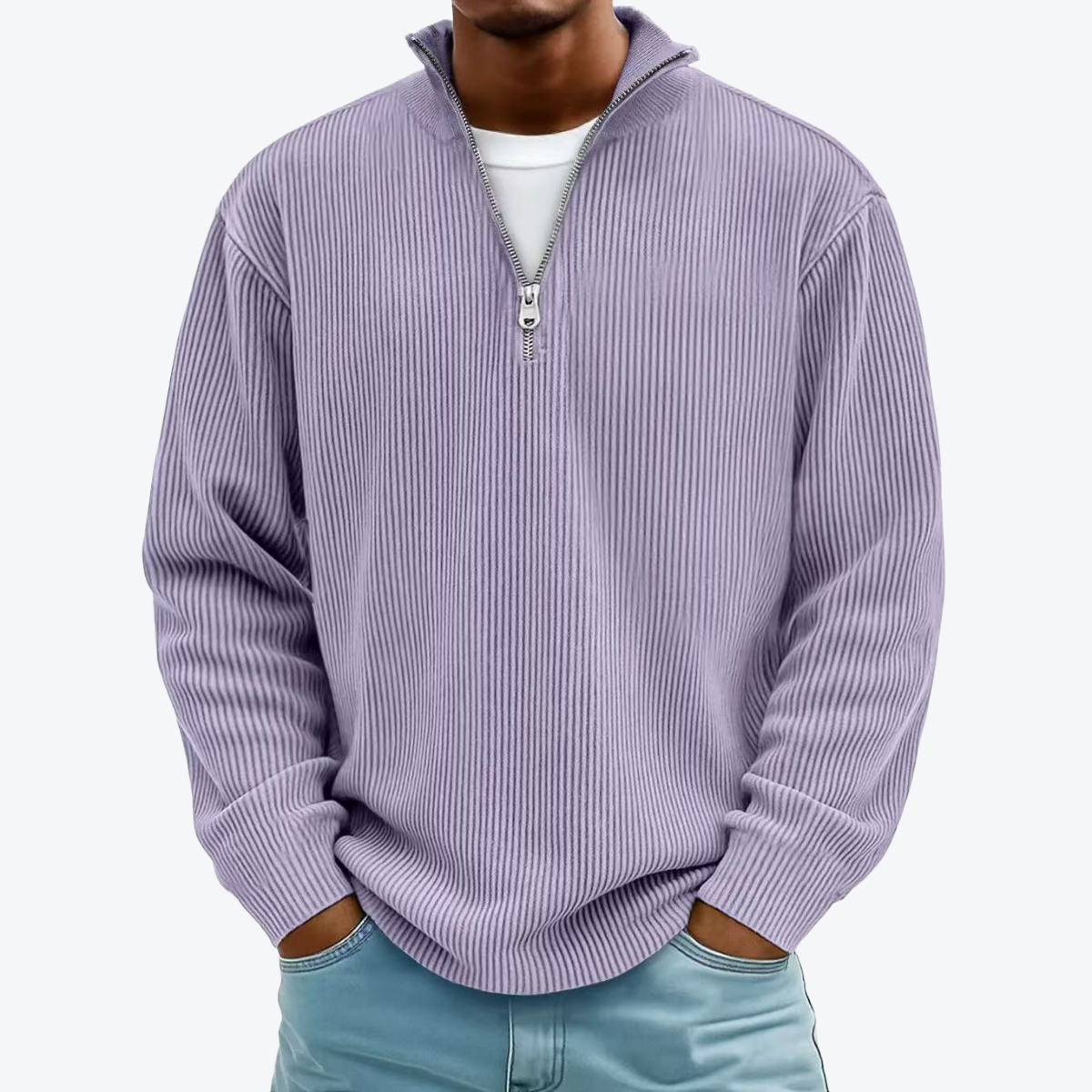 Men Corduroy Zipper Stand Collar Sweatshirt