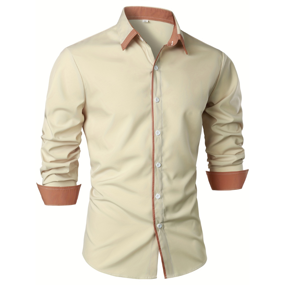 Casual Long Sleeve Shirt With Contrast Color Statement Trim For Men