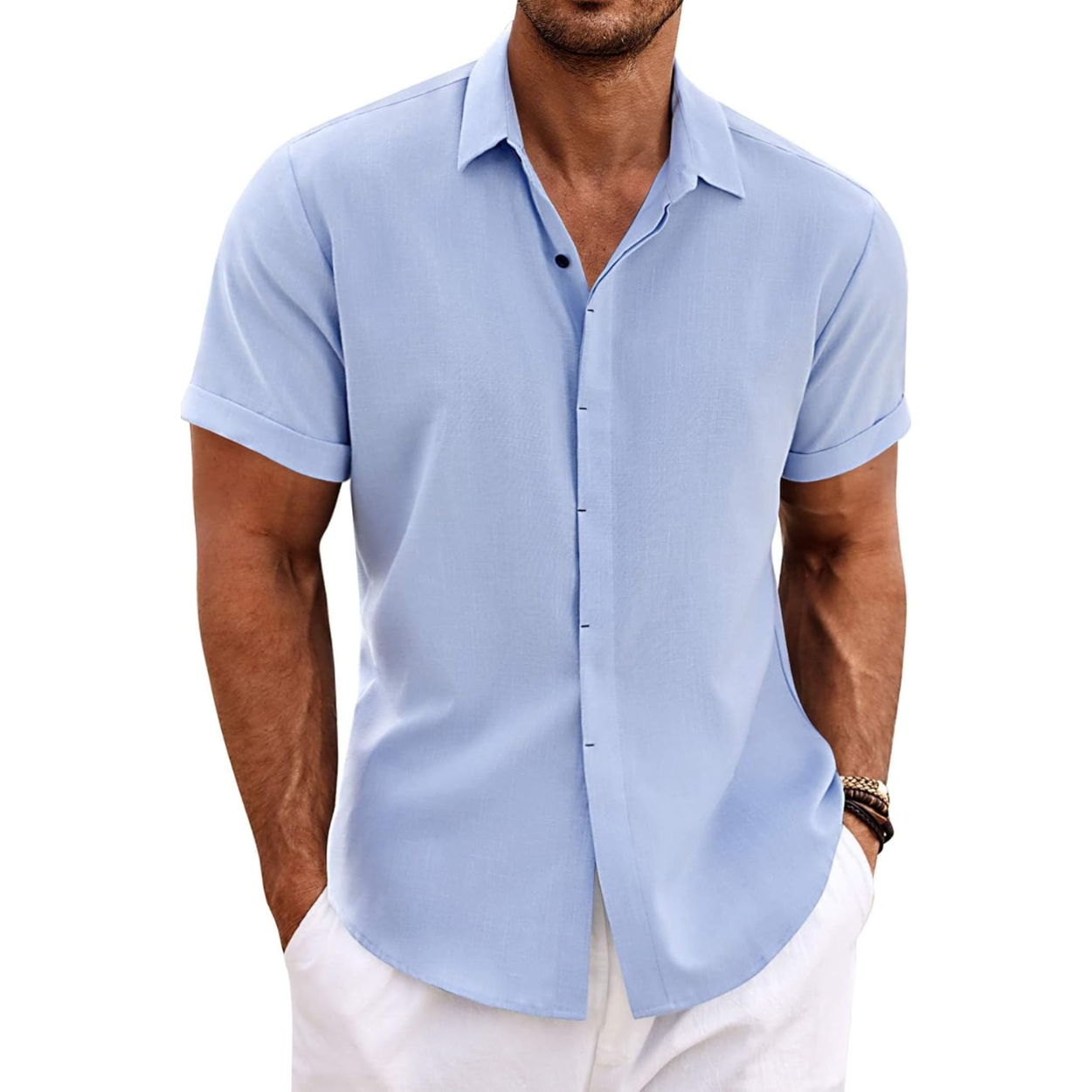 Casual Short Sleeve Linen Button Up Beach Shirt