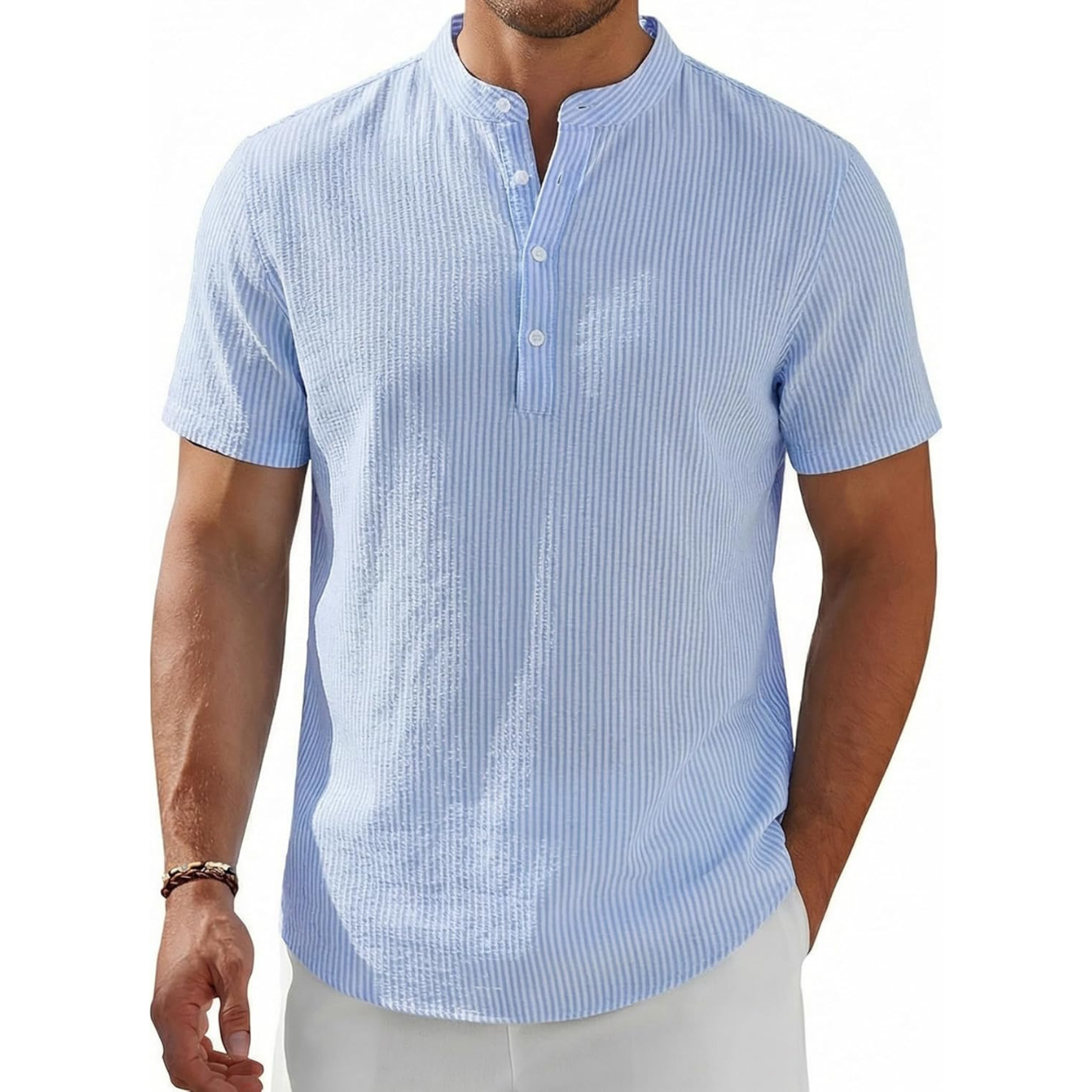 Short Sleeve Stand Collar Casual Beach Shirt For Men