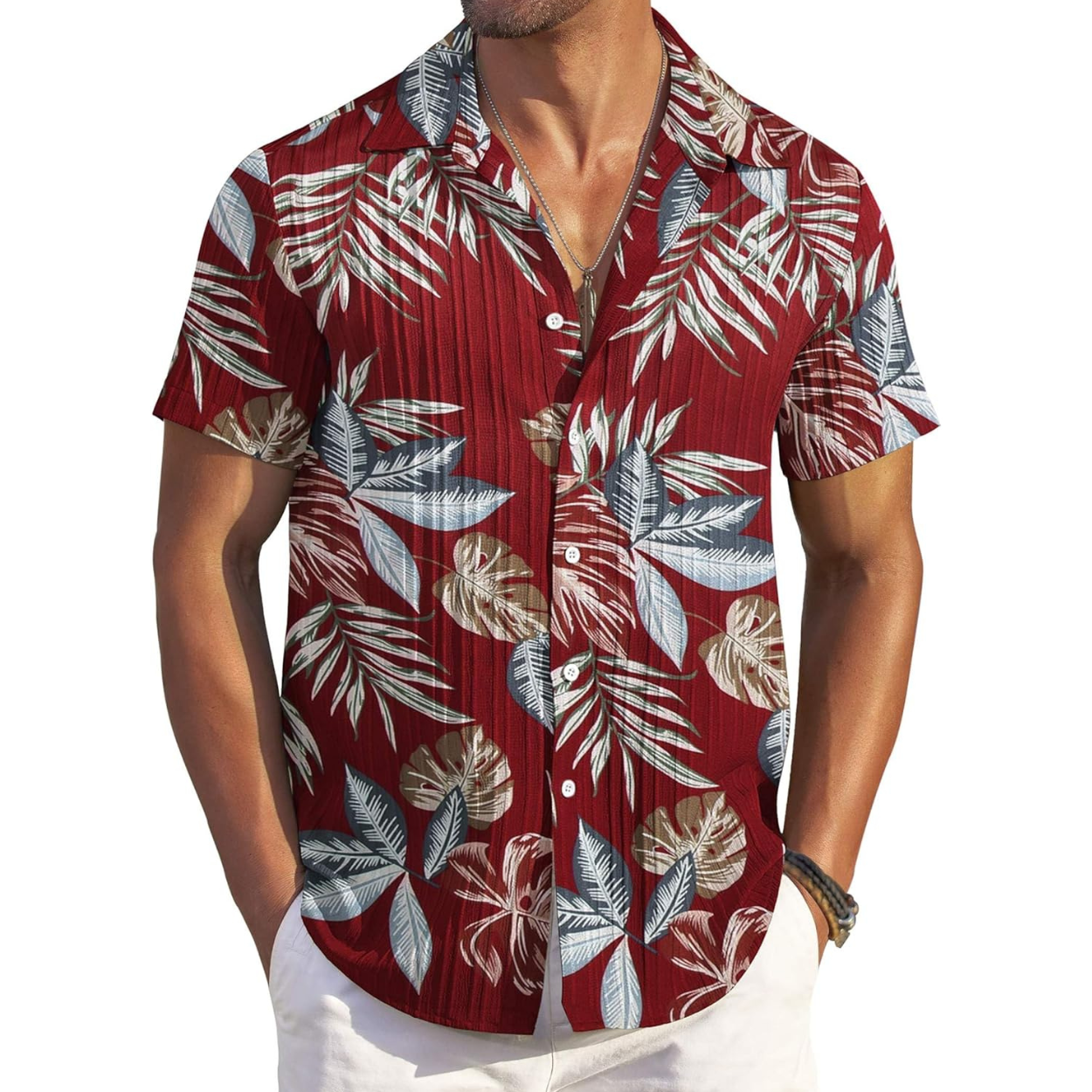 Casual Short Sleeve Textured Button Down Summer Beach Shirt For Men 