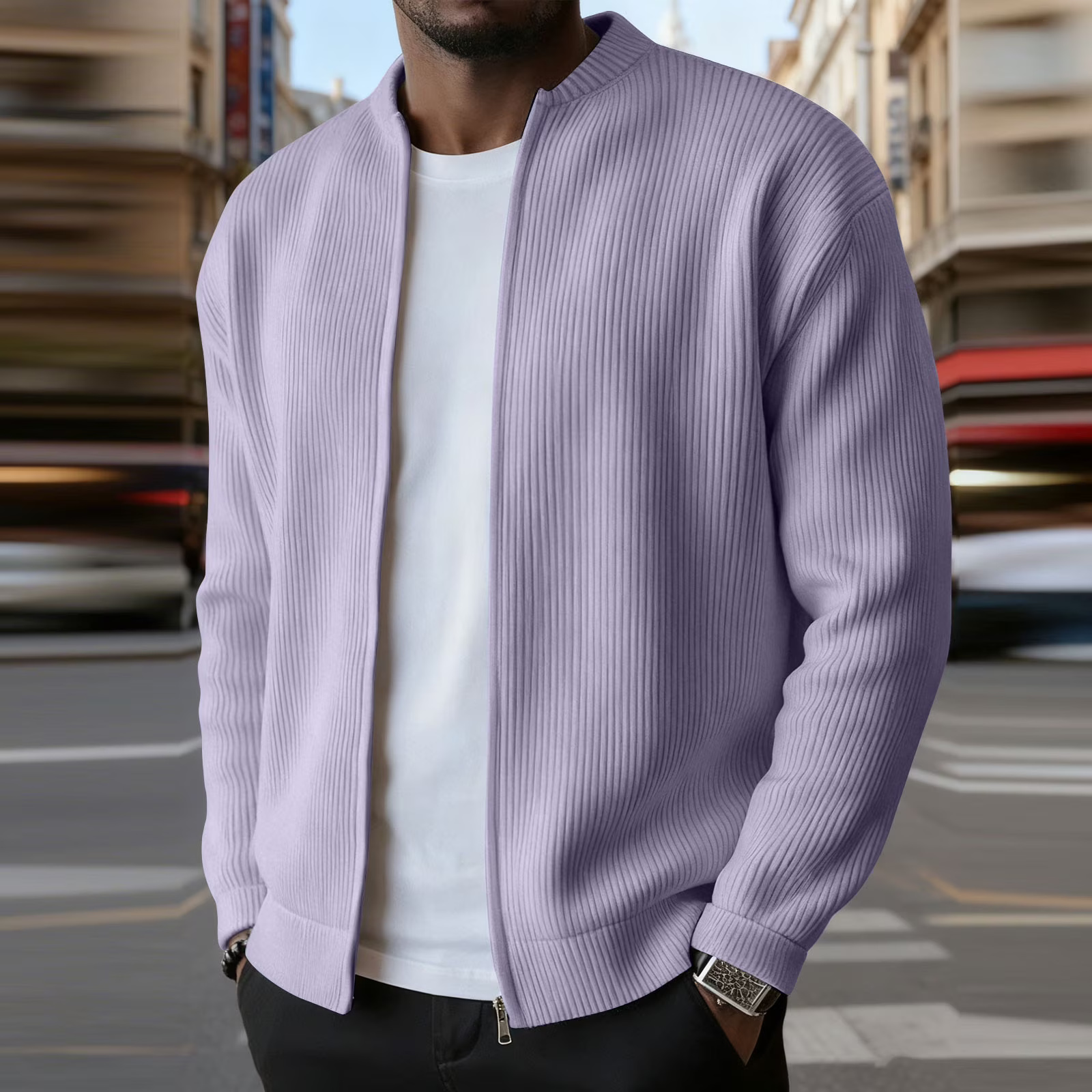 Casual Ribbed Zip Cotton Bomber Jacket for Men