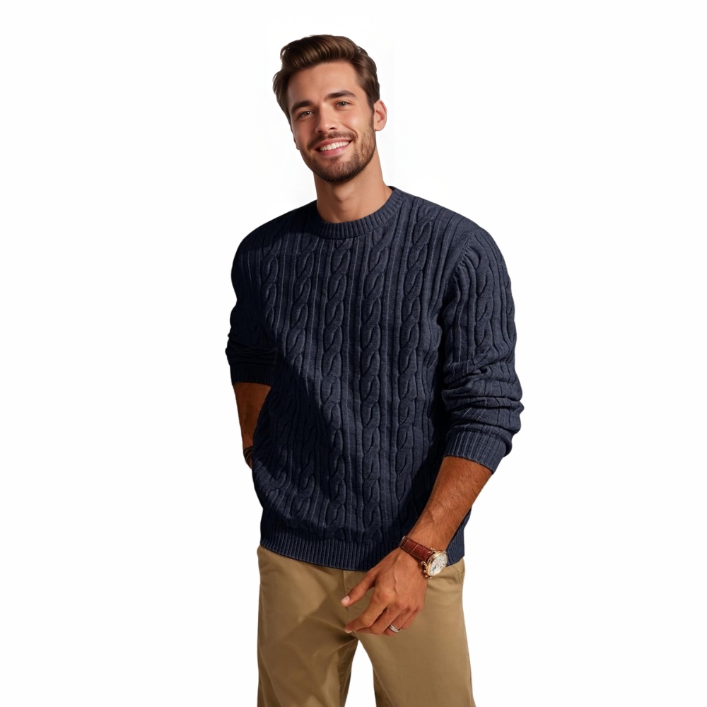 Mens Sweater Crewneck Cable Knit Pullover Sweater Casual Twist Textured Sweaters