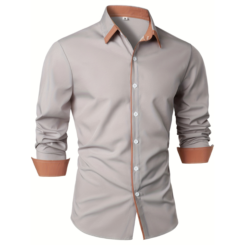 Casual Long Sleeve Shirt With Contrast Color Statement Trim For Men