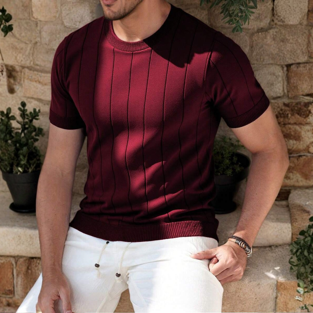 Short Sleeve Solid Knit Vertical Striped Top For Men