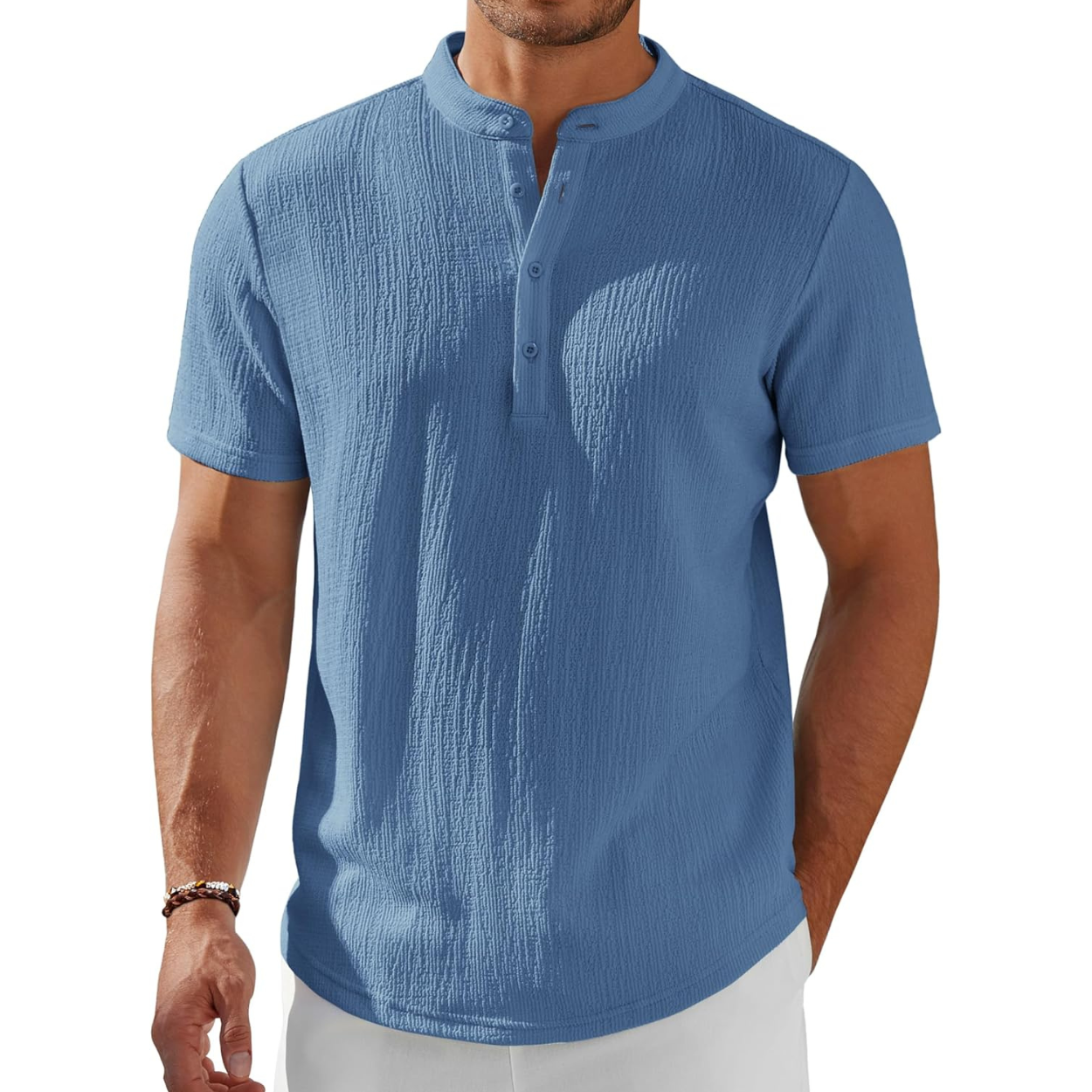 Short Sleeve Stand Collar Casual Beach Shirt For Men