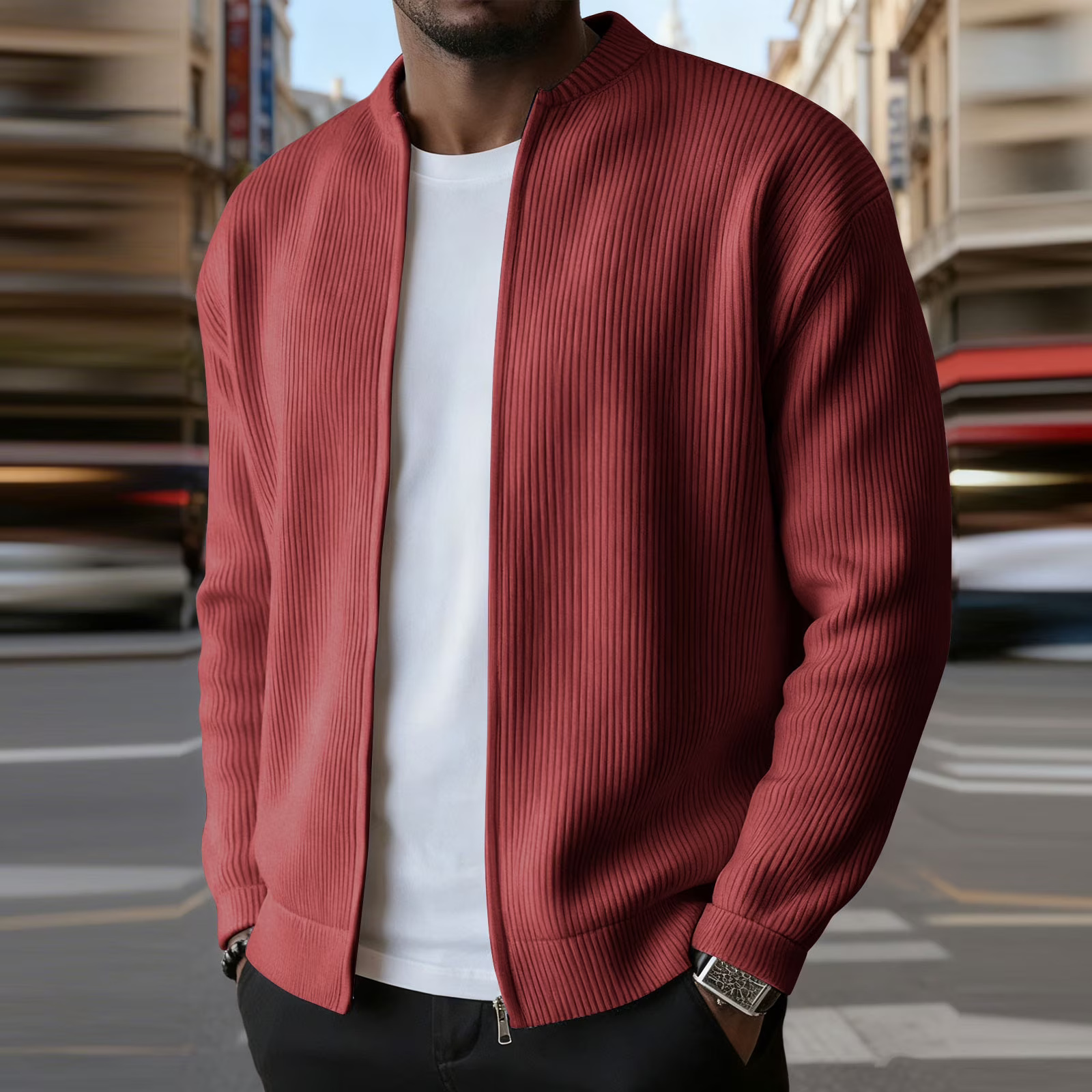 Casual Ribbed Zip Cotton Bomber Jacket for Men