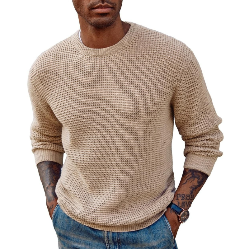 Mens Pullover Sweater Waffle Textured Long Sleeve Knitted Sweaters