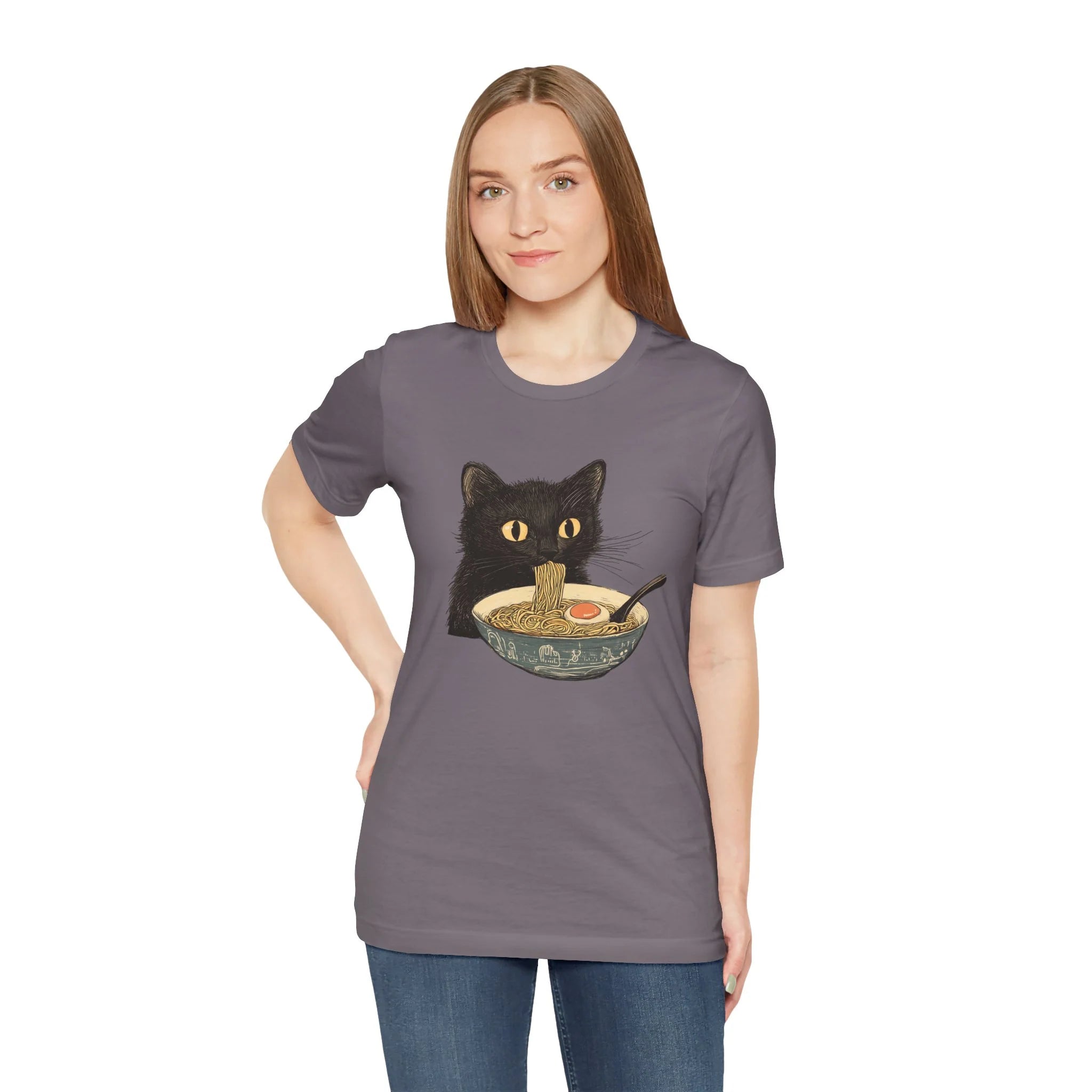 Cat Eating Bowl Of Ramen Noodles Printed T Shirt