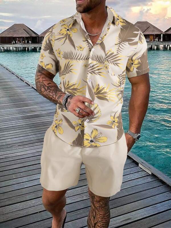 Tropical Print Pattern Shirt With Shorts