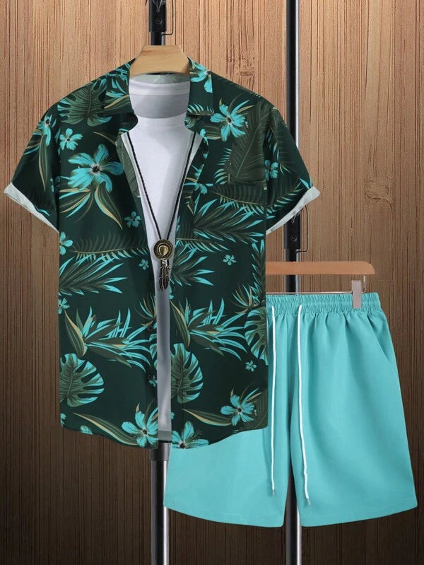 Tropical Print Pattern Shirt With Shorts