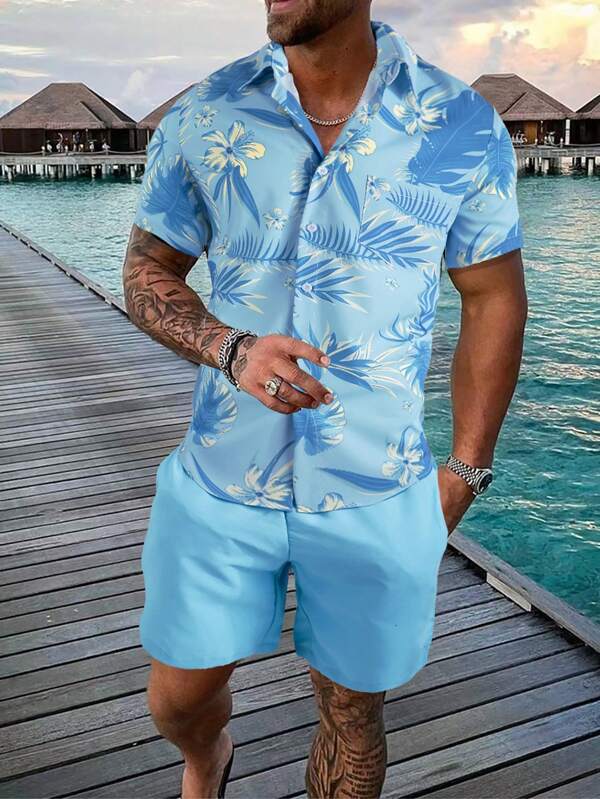 Tropical Print Pattern Shirt With Shorts