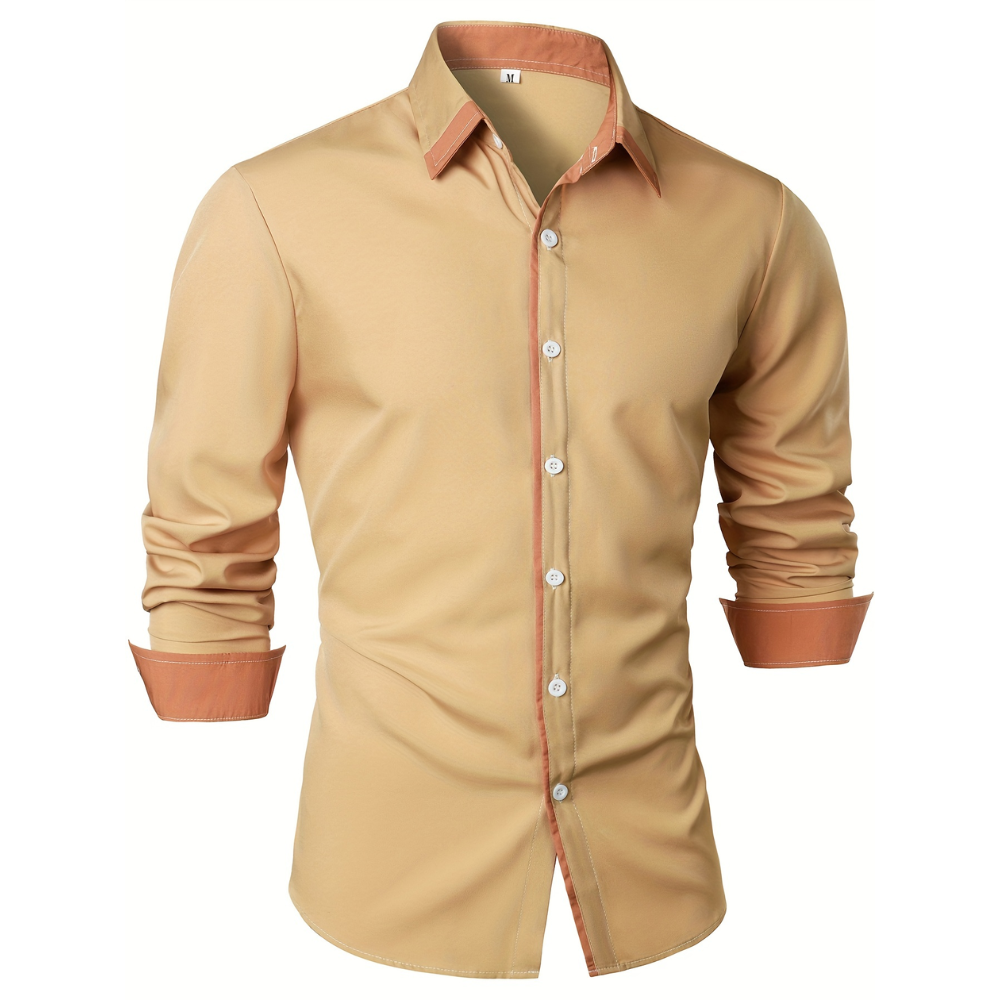 Casual Long Sleeve Shirt With Contrast Color Statement Trim For Men