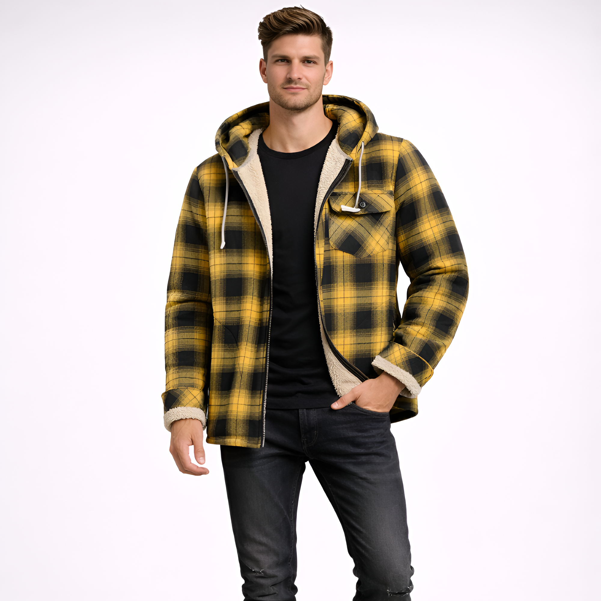 Plaid Fleece Lined Full Zip Flannel Jacket With Hood For Men