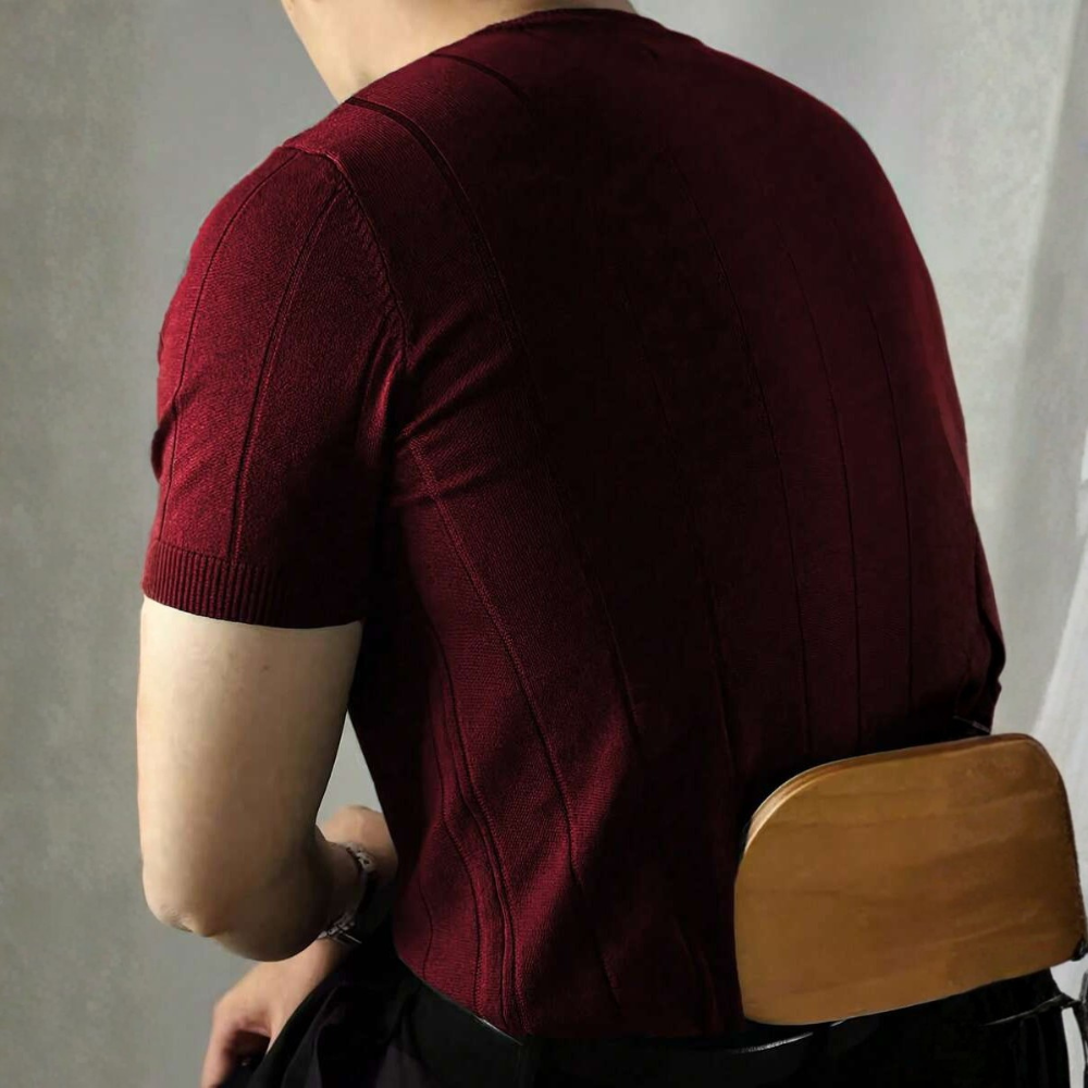 Short Sleeve Solid Knit Vertical Striped Top For Men