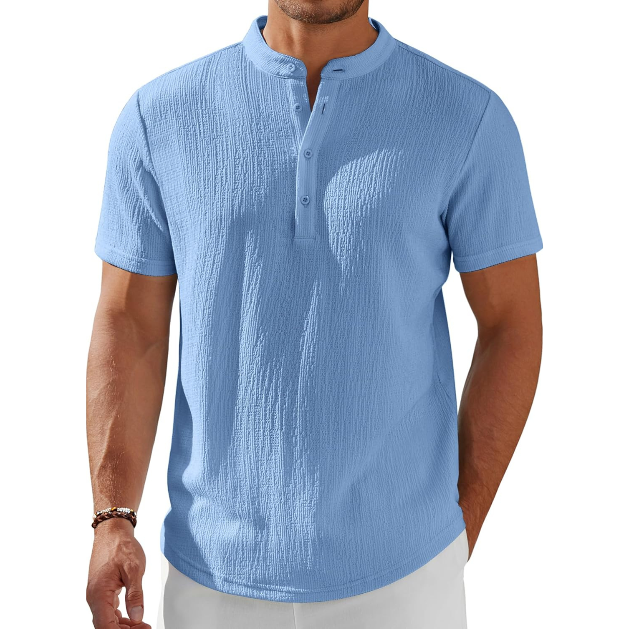 Short Sleeve Stand Collar Casual Beach Shirt For Men