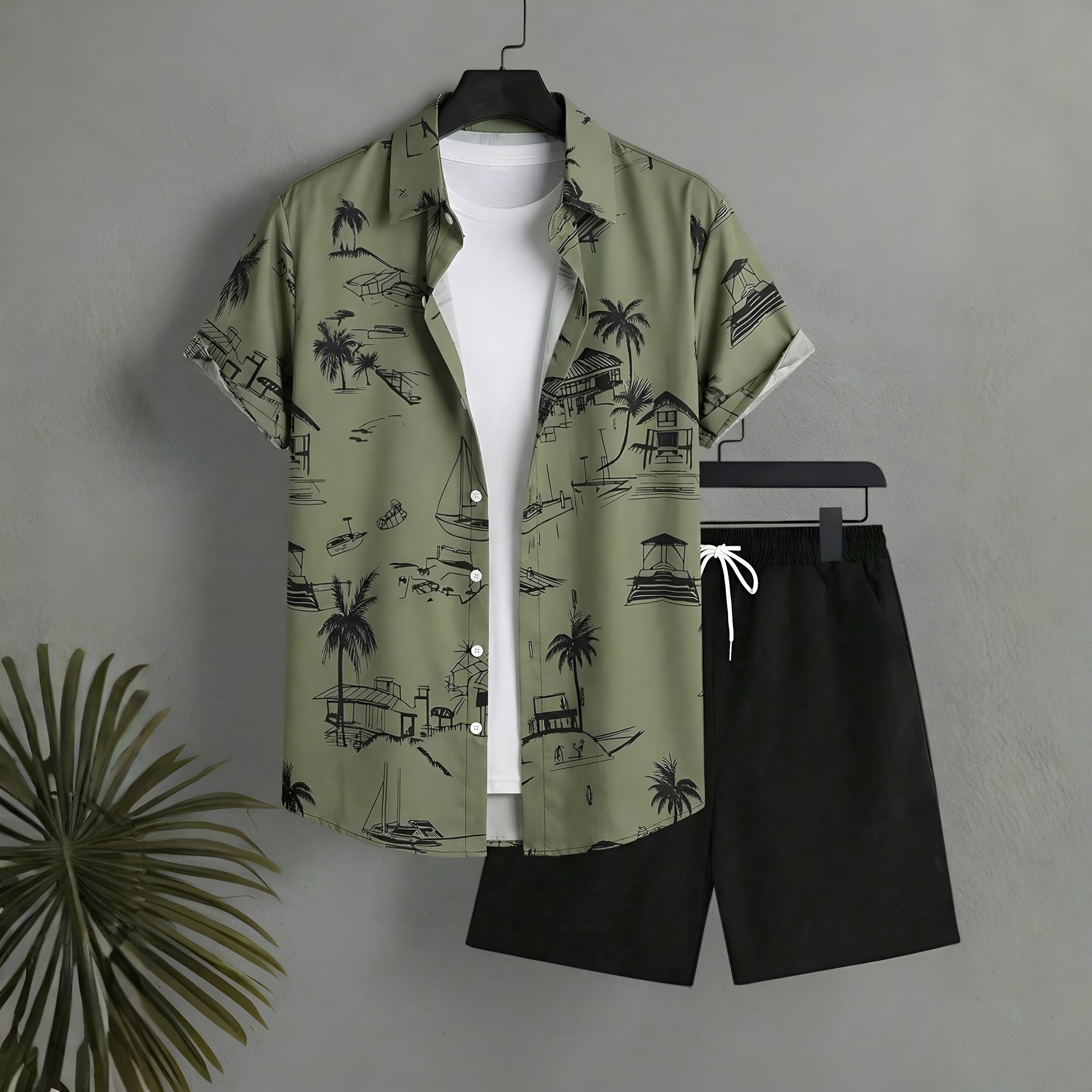 Summer Vacation House Print Short Sleeve Shirt And Shorts Set For Men