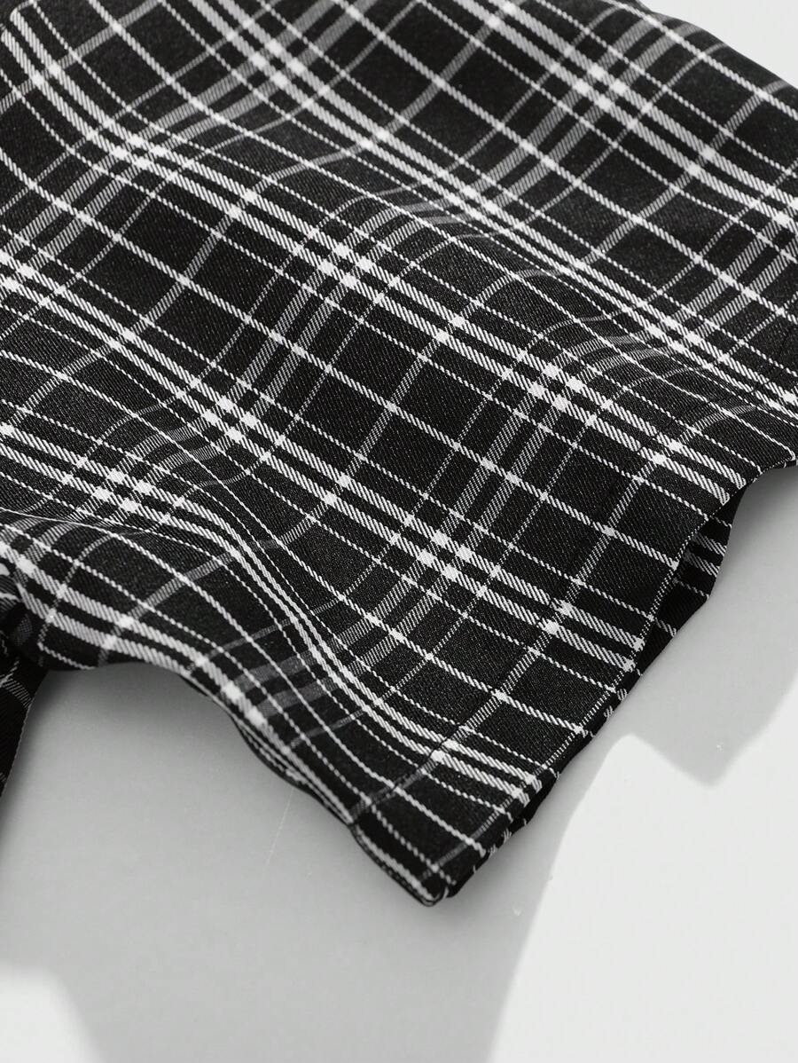 ÉpureWay Manfinity Streetrush Oversized Men's Graphic Plaid Print Casual Streetwear Loose Fit Short Sleeve Button Up Shirt,Black Summer City Break Boxy Shirt - Black - View 3