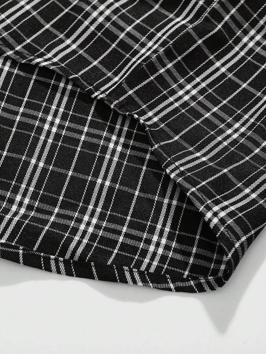 ÉpureWay Manfinity Streetrush Oversized Men's Graphic Plaid Print Casual Streetwear Loose Fit Short Sleeve Button Up Shirt,Black Summer City Break Boxy Shirt - Black - View 5