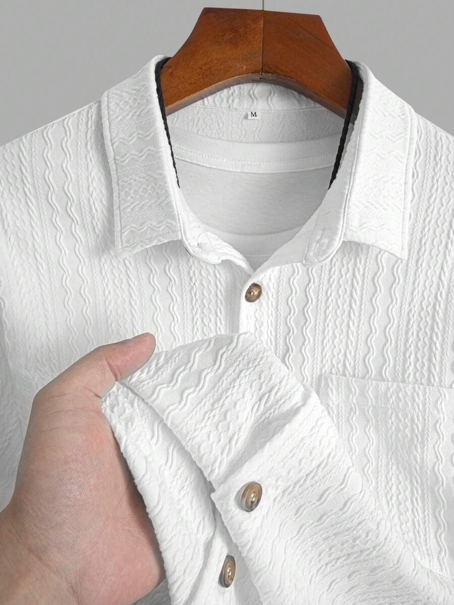 Men's Textured Shirt Collar Short Sleeve Shirt, Vacation Style Revere Collar Button Casual Shirt, Minimalist Elegant Short Sleeve Shirt For Commuting, Summer Beach Casual Shirt With Shirt Collar, Comfortable Versatile Streetwear - White - View 5
