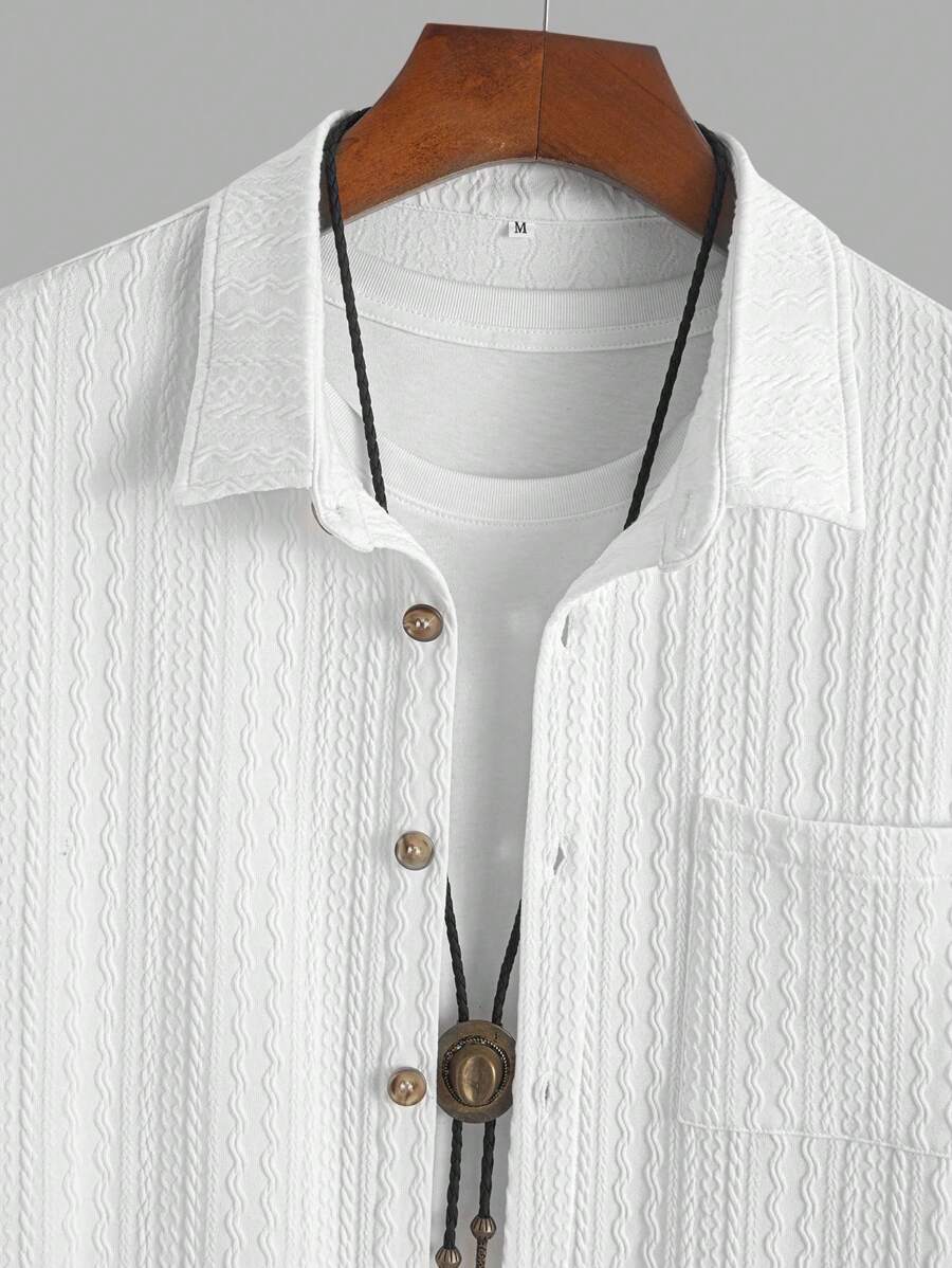 Men's Textured Shirt Collar Short Sleeve Shirt, Vacation Style Revere Collar Button Casual Shirt, Minimalist Elegant Short Sleeve Shirt For Commuting, Summer Beach Casual Shirt With Shirt Collar, Comfortable Versatile Streetwear - White - View 6