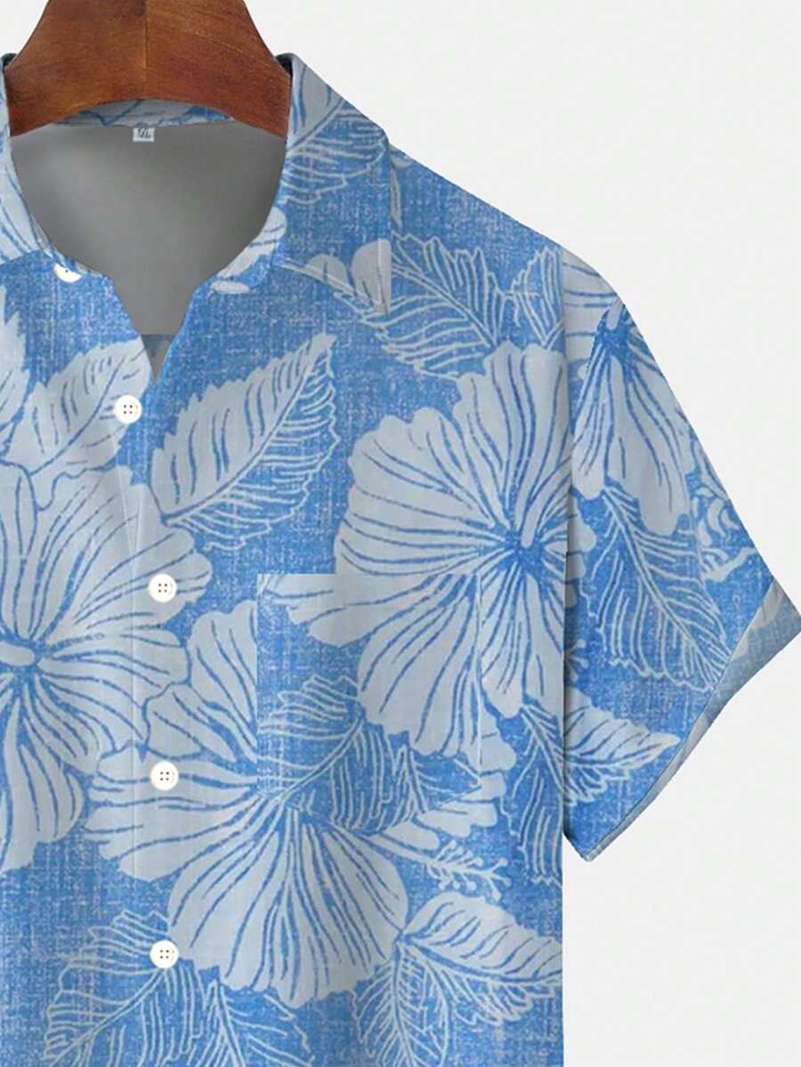 Hawaiian Floral Texture Print Men's Button Pocket Short Sleeve Shirt - Baby Blue - View 4