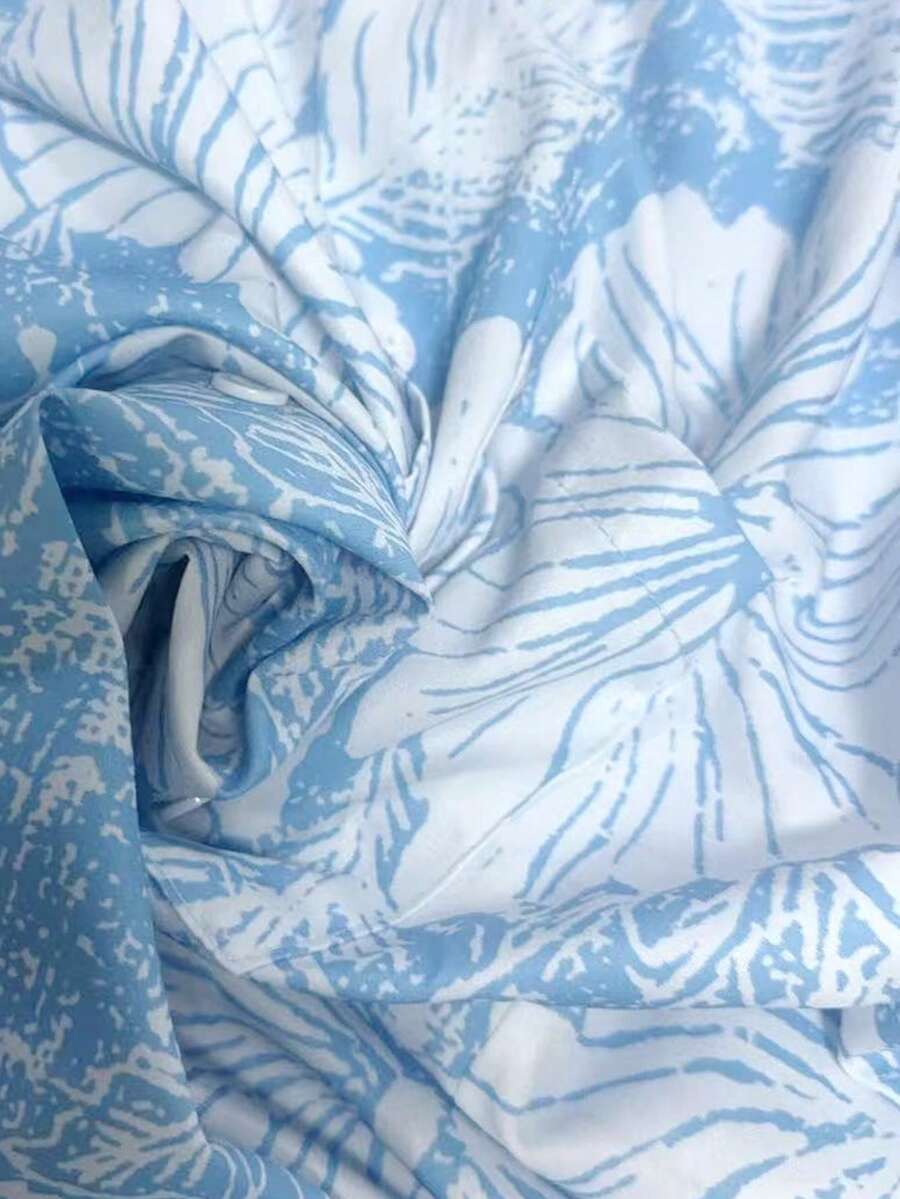 Hawaiian Floral Texture Print Men's Button Pocket Short Sleeve Shirt - Baby Blue - View 5