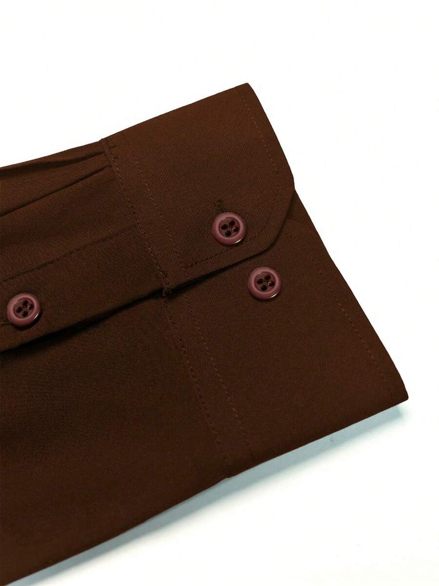 Men's Solid Color Regular Shoulder Long Sleeve Single-Breasted Casual Dress Shirt, For Fall - Brown - View 6