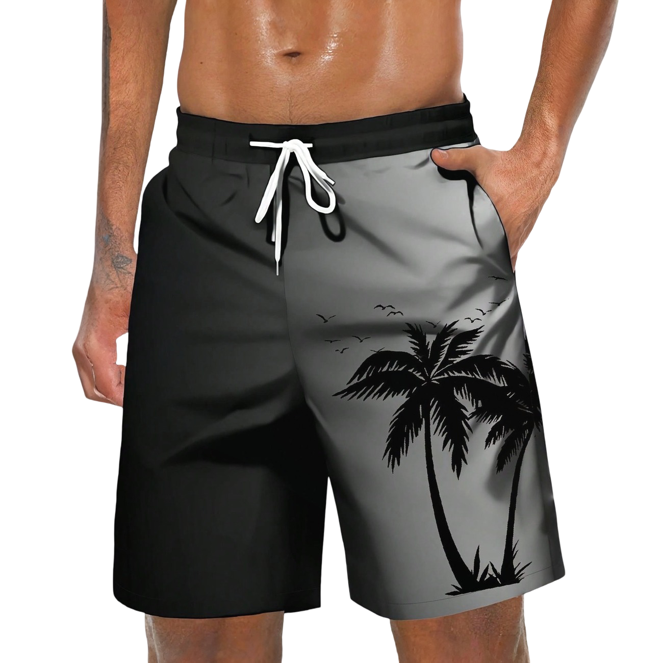 Coconut Tree Ombre Print Drawstring Swim Trunks For Men
