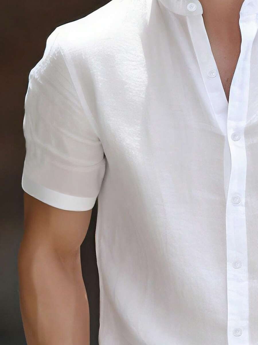 Men's Comfortable Short Sleeve Vintage Casual Shirt, Slim Fit Summer Top - White - View 5