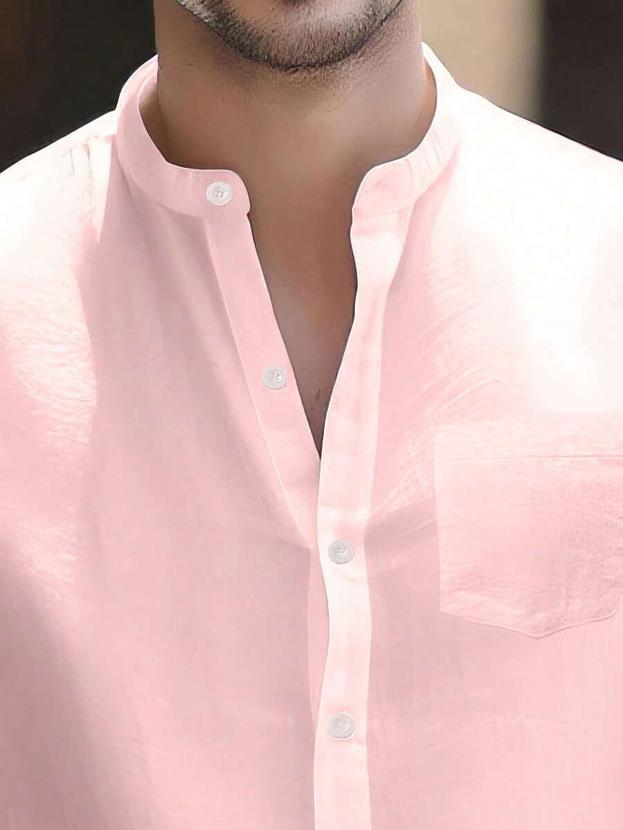 Men's Comfortable Short Sleeve Shirt, Vintage Retro Casual Collared Shirt, Slim Fit, Summer - Pink - View 4